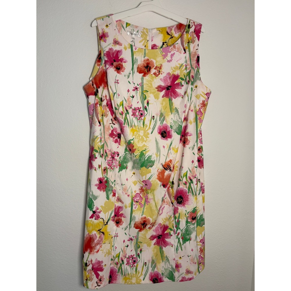 Dressbarn‎ Woman Floral Shift Dress Pink Orange Yellow Watercolor Sleeveless 20